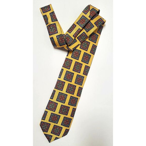 Tom James 100% Silk Tie USA Yellow/Purple/Red/Green Square Geometric Pattern - Picture 7 of 11